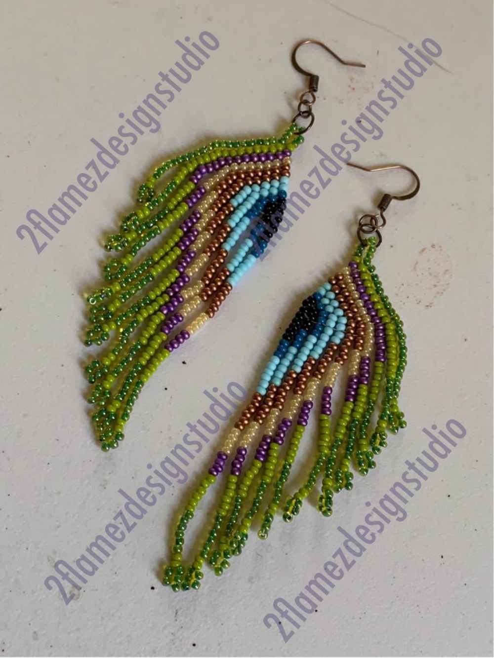 Handmade Peacock Seed Bead Fringe Earrings